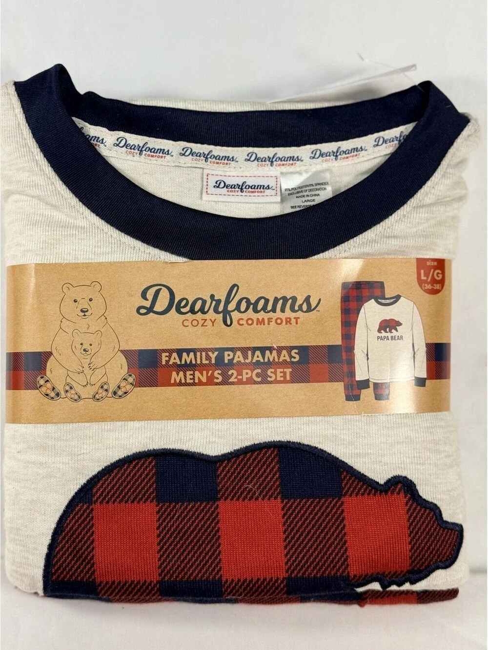 Dearfoams Papa Bear Family Mens Lrg Cozy Comfort Long Sleev Pajama Set Red Plaid